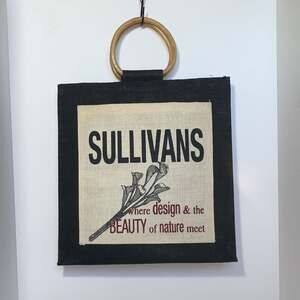 India Jute Burlap Tote Handbag Shopping Bag with Bamboo Handles